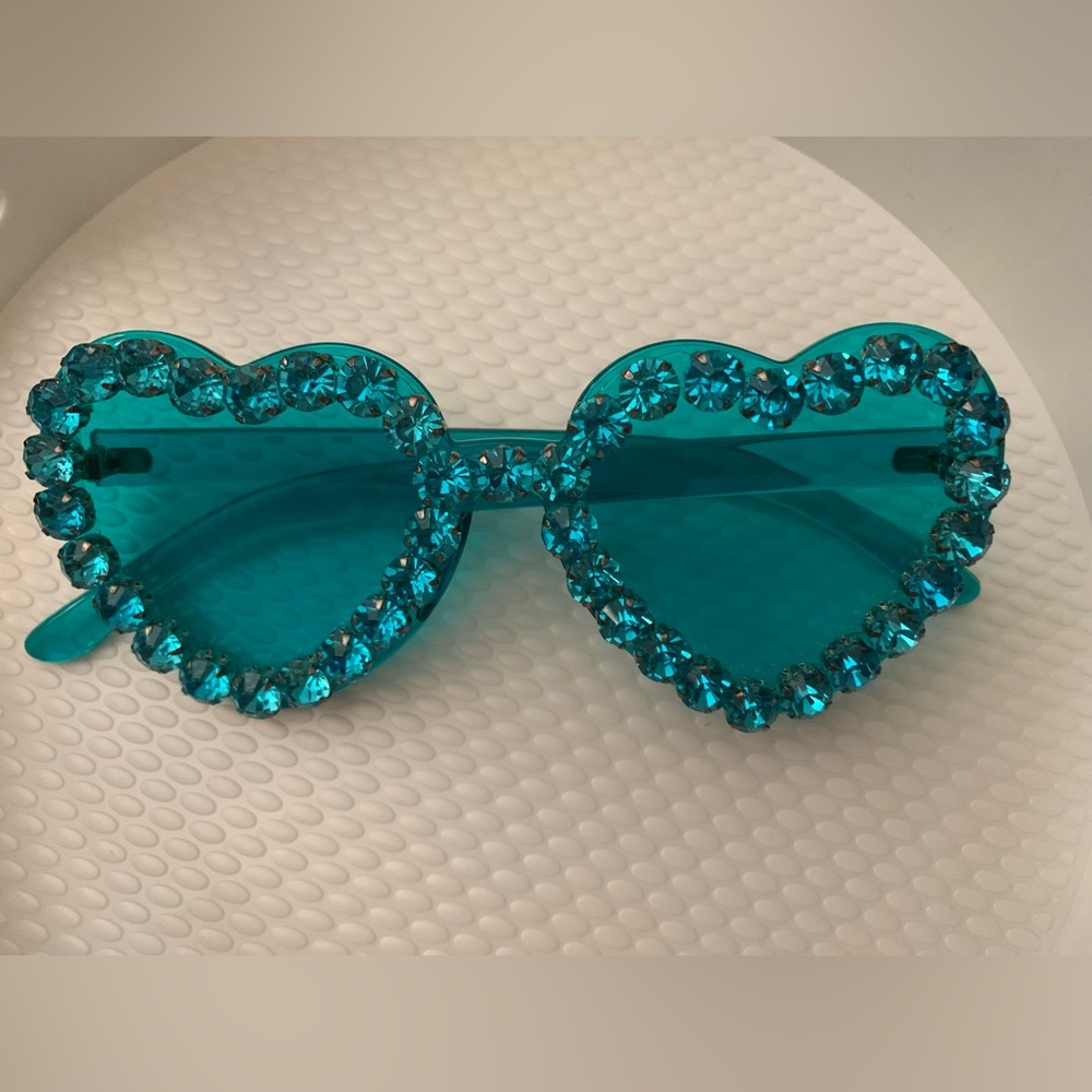 - Heart-Shaped Teal Sunglasses with Rhinestones